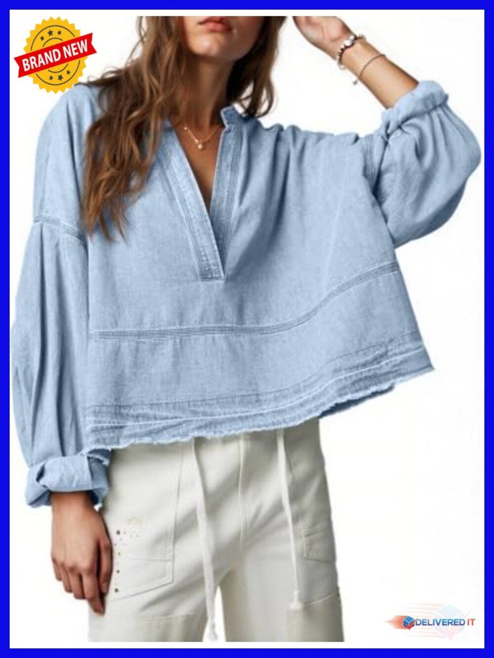 Women's Denim Puff Long Sleeve V-Neck Jean Shirt Casual